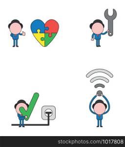 Vector illustration set of businessman mascot character with jigsaw puzzle heart, holding spanner, plug plugged into outlet and holding check mark, holding up wireless wifi symbol.