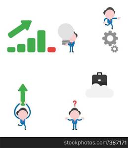 Vector illustration set of businessman mascot character with sales bar graph moving up and down and holding grey light bulb, running on gears, carrying arrow up, confused about briefcase on cloud.