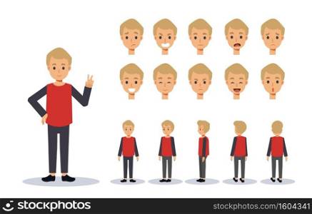 Vector illustration set of children boy wear casual clothing character in various action. emotion expression. Front, side, back view animated character.