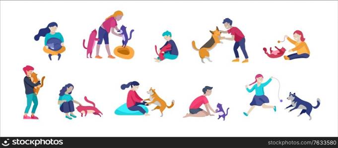 Vector illustration set of children with cats and dog. Happy, funny kids playing, love and taking care of kittens, pet animals in flat cartoon style.. Vector illustration set of children with cats and dog. Happy, funny kids playing, love and taking care of kittens, pet animals in flat cartoon