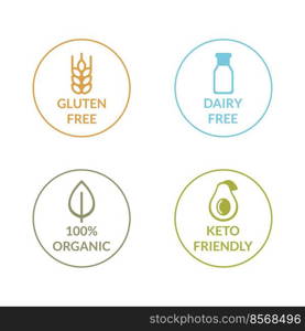 Vector illustration set of colored icons of safe food without allergens. Keto diet, lactose and milk free, gluten free, organic food. For labels and packaging