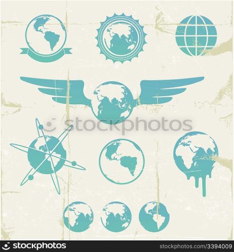 Vector illustration set of cool retro emblems with grunge Earth Map Globe