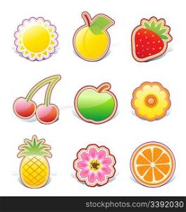 Vector illustration set of funky fruity design elements on stickers