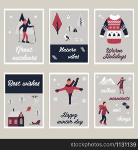 Vector illustration. Set of holiday cards with different characters doing winter sport and other elements. Set of cards with characters doing winter sport