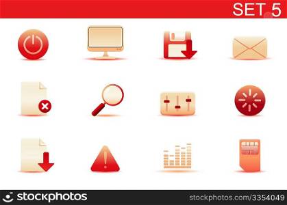 Vector illustration  set of red elegant simple icons for common computer and media devices functions. Set-5