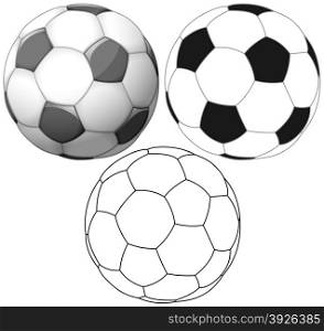 Vector illustration set of soccer ball colored black and white and outline.