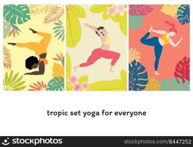 Vector illustration set with happy an oversized woman in yoga position on tropical exotic background. Sports and health body positive concept for postcard, yoga classes t-shirt active lifestyle