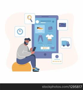 Vector Illustration, Shopping with mobile app in online store - flat design. Man sitting on the hassock. Web app for online store - search, payment, delivery, choice.. Vector Illustration, Shopping with mobile app in online store - flat design
