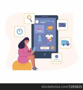 Vector Illustration, Shopping with mobile app in online store - flat design. Woman sitting on the hassock. Web app for online store - search, payment, delivery, choice.. Vector Illustration, Shopping with mobile app in online store - flat design
