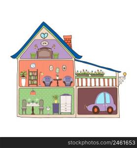 Vector illustration showing a cross-section through a family home showing interior design and decor furnishings living areas and car parked in the garage