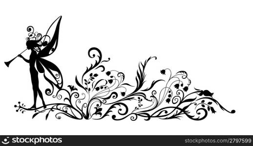 Vector Illustration Silhouette of fairy with magic fife on flower pattern design