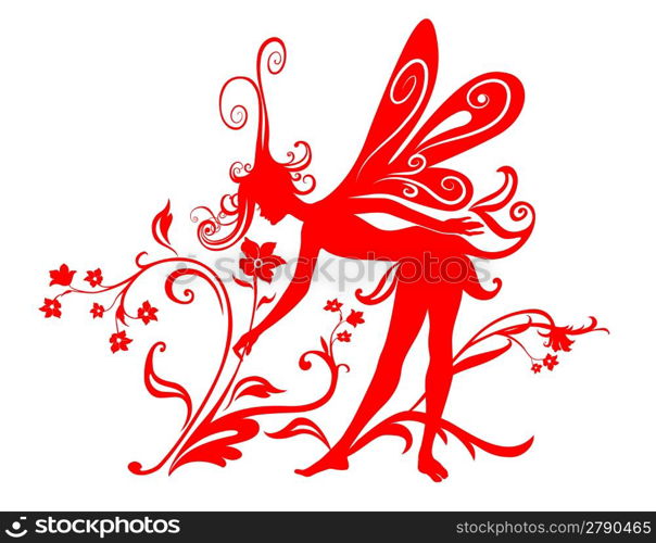 Vector Illustration Silhouette of funky fairy on flower pattern design