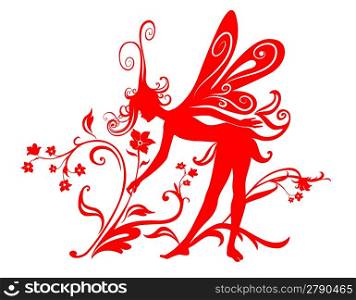 Vector Illustration Silhouette of funky fairy on flower pattern design