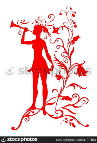 Vector Illustration Silhouette of funky fairy on flower pattern design