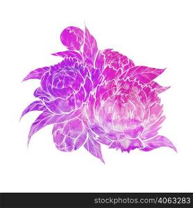 Vector illustration silhouette of peony flowers with foliage with pink watercolor background. Clipart of contour natural floral bouquet isolated from background. Image for sticker and card. Vector illustration silhouette of peony flowers with foliage with pink watercolor background. Clipart of contour natural floral bouquet