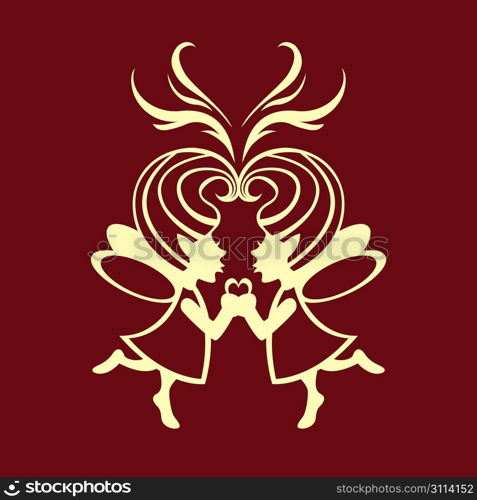 Vector Illustration Silhouette of two simmetric fairies with magic heart on the middle.