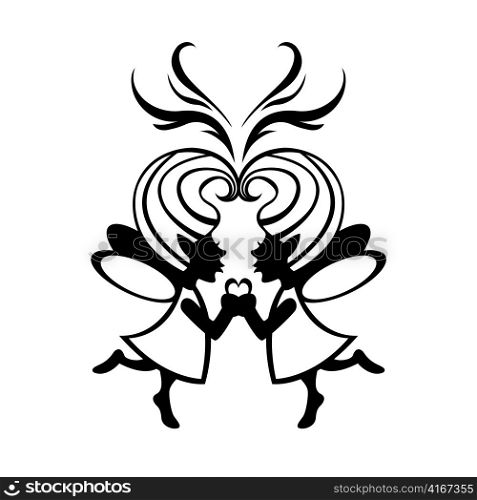 Vector Illustration Silhouette of two simmetric fairies with magic heart on the middle.