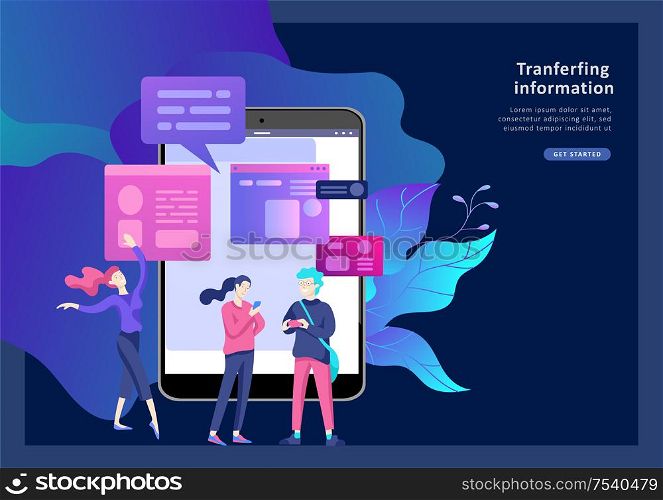 Vector illustration, small people are working on creating a website, applications, transferring information, vector illustration of the concept of web page design and development of mobile websites,. Vector illustration, small people are working on creating a website, applications