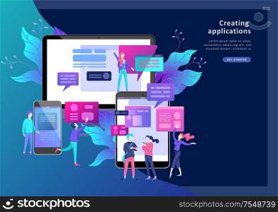 Vector illustration, small people are working on creating a website, applications, transferring information, vector illustration of the concept of web page design and development of mobile websites,. Vector illustration, small people are working on creating a website, applications