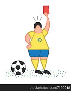 Vector illustration soccer player showing red card. Hand drawn. Colored outlines.