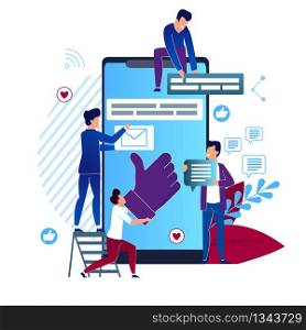 Vector Illustration Social Media Cartoon Flat. Closeup Big Smartphone. on Electronic Device Screen Like Sign. Men Gather on Screen Smartphone Messages Online. Man Sitting on Phone.