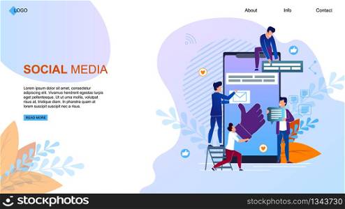 Vector Illustration Social Media Landing Page. Smm Marketing and Seo Promotion in Social Networks. Flat Banner Communication Strategy for Business Development on Internet, Cartoon.