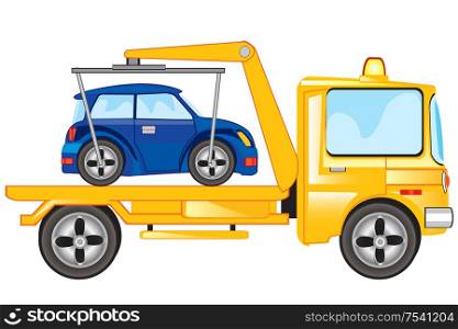 Vector illustration special sar tow truck evacuating blue car. Sar tow truck on white background is insulated