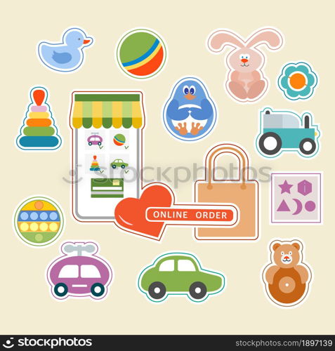 Vector illustration Stickers pack Online order Kid toy Happy childhood Gaming items Rattle Car Pyramid Ball Tumbler Rabbit Penguin Sorter Pop it Primary school Elementary grade Kindergarten Game Play