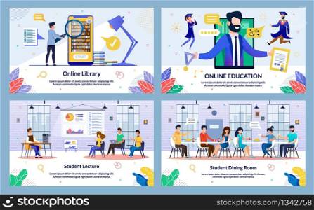 Vector Illustration Student Lecture, Cartoon. Set Online Library, Student Dining Room, Online Education. Guys and Girls Sit at Lecture Classroom and Carefully Listen to Teachers Woman.