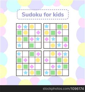vector illustration. Sudoku game for children with pictures. Logic game for preschool children. rebus for children. Educational game. rhombus, star, square, circle.. vector illustration. Sudoku game for children with pictures. Log