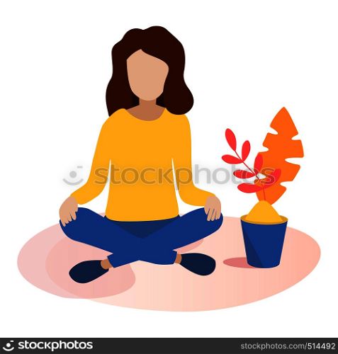 Vector illustration, the concept of meditation, the girl sits in the lotus position. Vector illustration concept of meditation in flat style