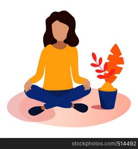 Vector illustration, the concept of meditation, the girl sits in the lotus position. Vector illustration concept of meditation in flat style
