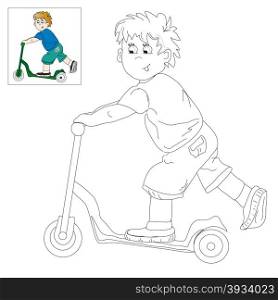 Vector illustration. The image of a little boy who rides his scooter. Picture for coloring with a color sample.