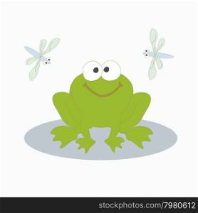 Vector illustration. The image of a small cheerful green frog with two flying side by dragonflies.