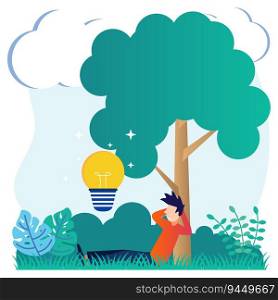 Vector illustration, the key to creative concept ideas for success, seeking tranquility in nature, generating inspiration, looking for new creative thoughts.