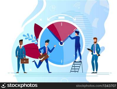 Vector Illustration Time Control Cartoon Flat. Colleagues for Work in Hurry to do Work. Men in Business Suits at Work. Man Translates Clock Hands. Supervisor Man Controls Workflow.