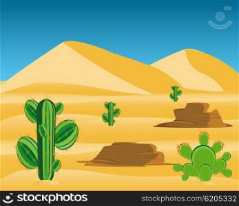 Vector illustration to wild desert with cactus. Desert with cactus