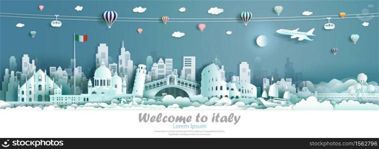 Vector illustration tour Italy architecture famous landmarks of europe, Travel skyline downtown culture with Italy flag and modern building, Travelling by balloon, sailboat, plane and cable car.