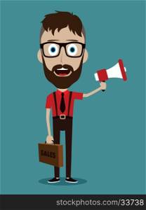 Vector illustration trendy flat style cartoon man holding megaphone and loudspeaker business advertising and promotion concept