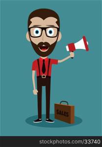 Vector illustration trendy flat style cartoon man holding megaphone and loudspeaker business advertising and promotion concept