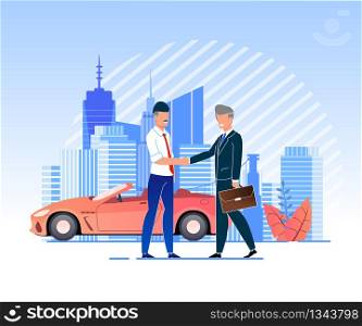 Vector Illustration Verbal Partnership Agreement. Men in Business Suits Shaking Hands Against Background Car. Selling or Renting Car. Power Attorney for Business Partnership Cartoon Flat.