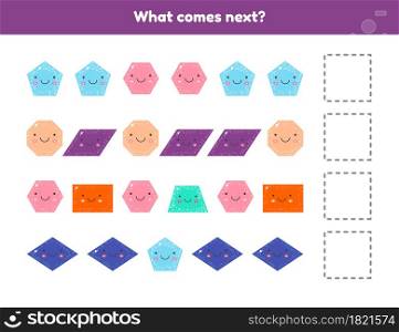 Vector illustration. What comes next. Continue the sequence. Geometric shapes. Worksheet for kids kindergarten, preschool and school age.. What comes next. Continue the sequence. Geometric shapes. Worksheet for kids kindergarten, preschool and school age.