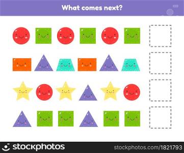 Vector illustration. What comes next. Continue the sequence. Geometric shapes. Worksheet for kids kindergarten, preschool and school age.. What comes next. Continue the sequence. Geometric shapes. Worksheet for kids kindergarten, preschool and school age.