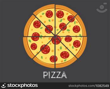 Vector Illustration whole and slice pizza isolated on black background