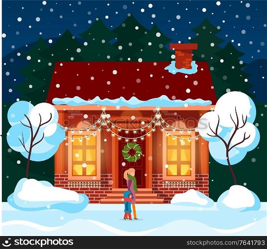 Vector illustration. Winter Christmas celebration. Festive decoration like garlands with light lamps on roof. Winter Christmas Celebration