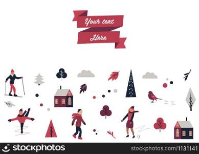 Vector illustration. Winter sport scene with different characters and elements in minimalistic style. Winter sport scene with different characters, elements