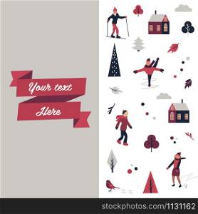 Vector illustration. Winter sport scene with different characters and elements in minimalistic style. Winter sport scene with different characters, elements
