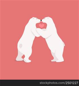 Vector illustration with 2 adorable funny polar bear kiss. Happy Valentine&rsquo;s day card or invitation. Polar bear cartoon character love concept. I love you.
