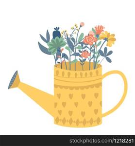 Vector illustration with a beautiful bouquet in the watering can and butterfly. Vector design.