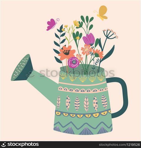 Vector illustration with a beautiful bouquet in the watering can and butterfly. Vintage gardening. Vector design.